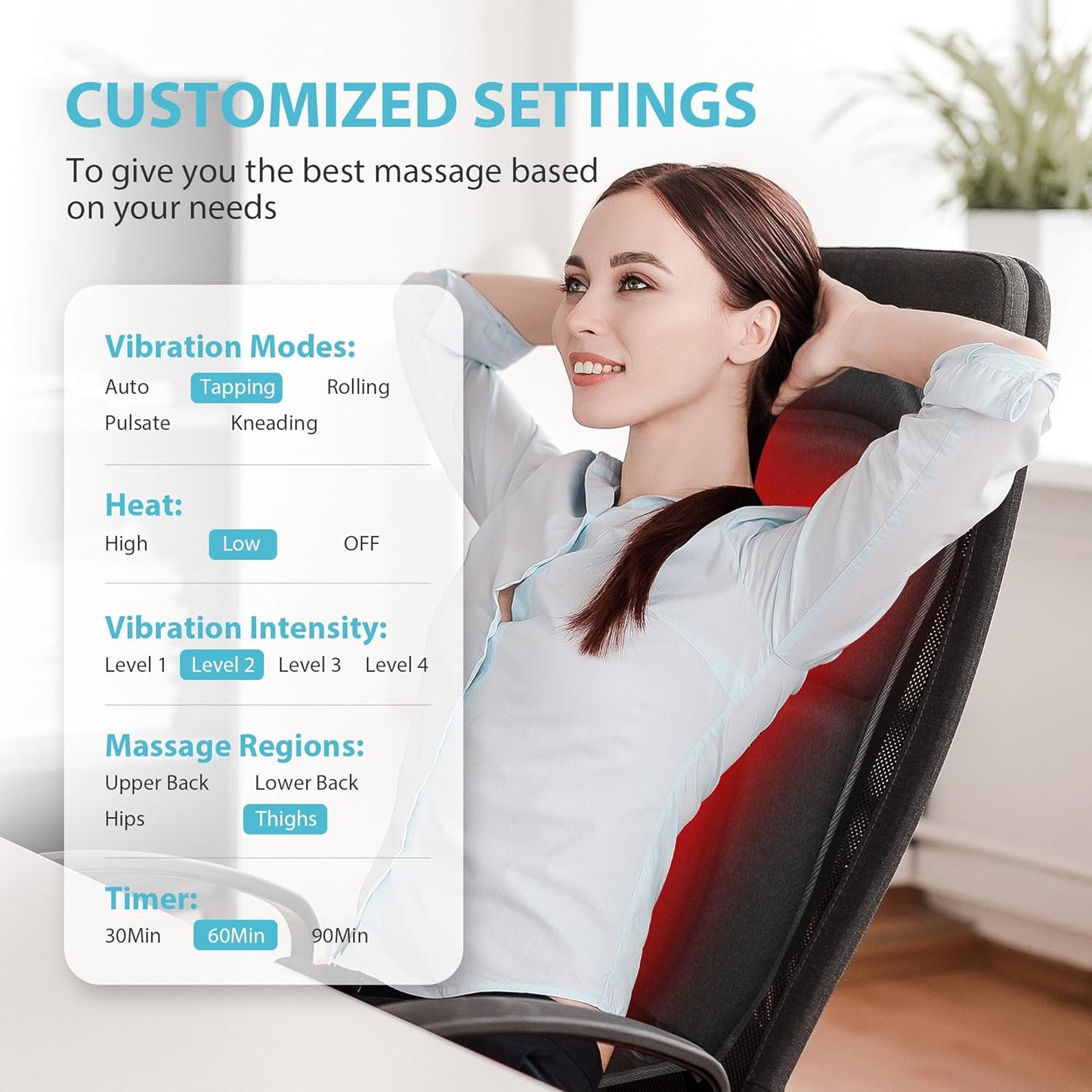 Back Massager Chair Pad,Massage Seat Cushion, Back Massage with Heat, 4 Vibration Intensities & 2 Heat Levels,Electric Massager Pain Relief,Gifts for Men,Women